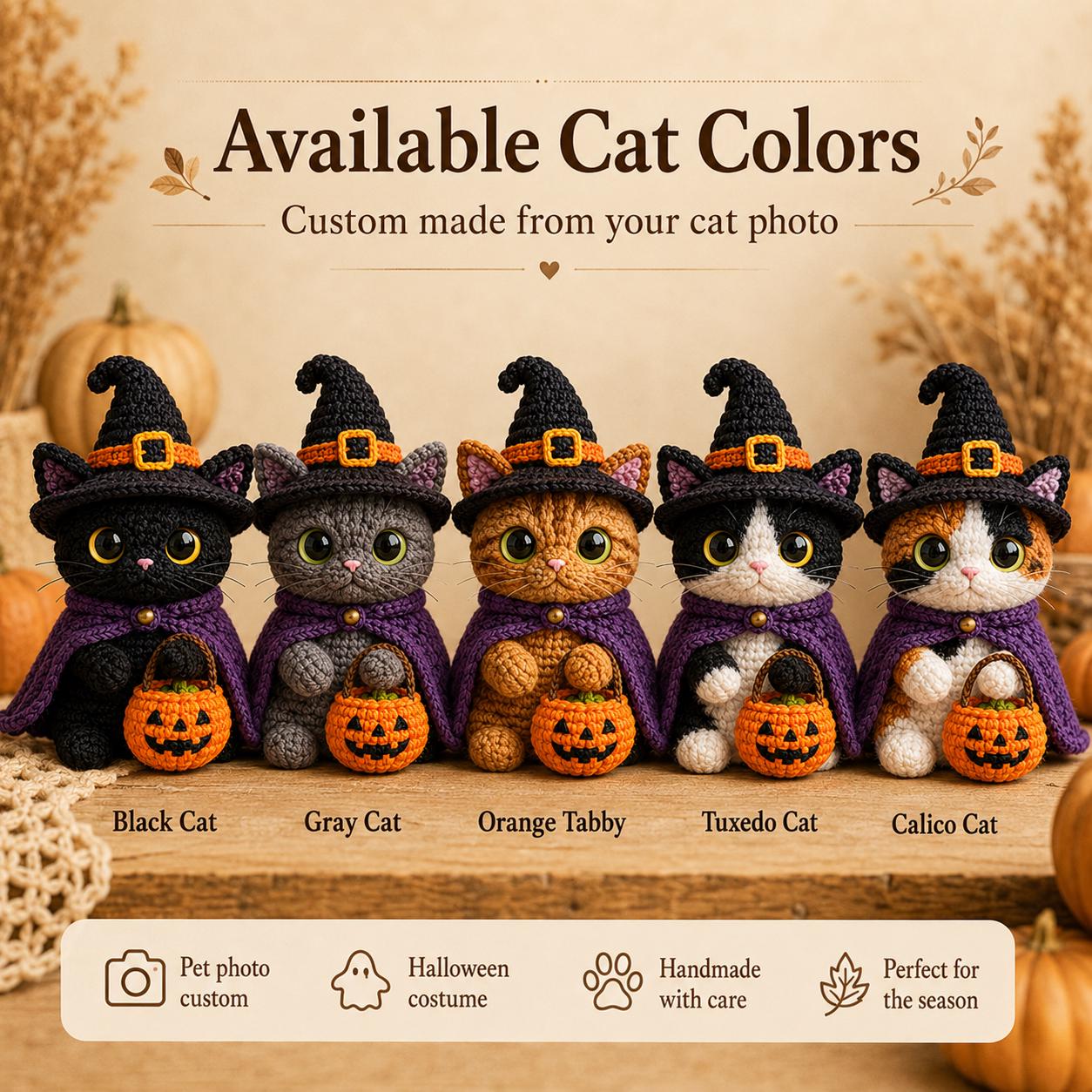 Custom Halloween Pet Portrait Crochet Plush From Photo, Personalized Dog Cat Witch Car Charm, Spooky Pumpkin Bag Clip, Pet Lover Gift