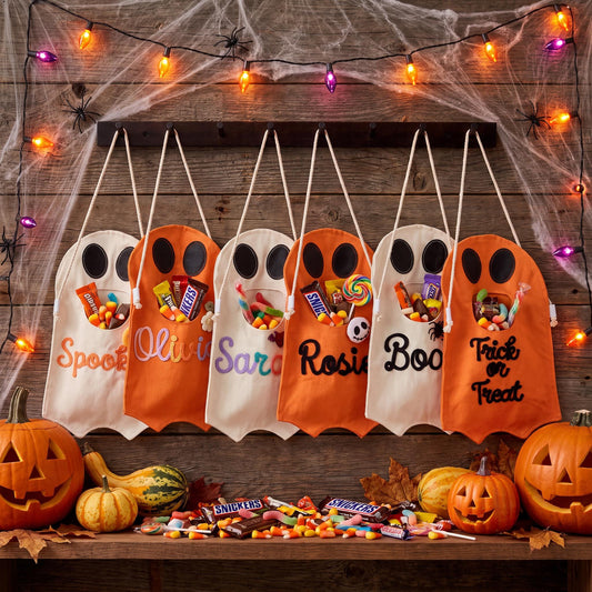 Personalized Ghost Trick or Treat Bag, Custom Halloween Candy Bag, Kids Halloween Tote with Name, Reusable Ghost Bag, Boo Basket Gift