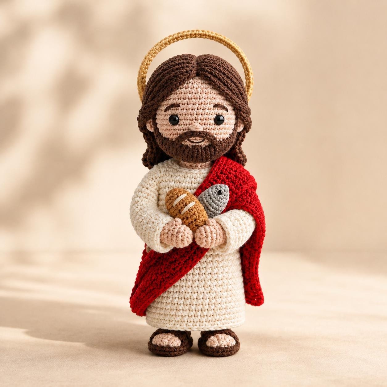 Crochet Jesus Doll, Handmade Amigurumi Catholic Plush with Bread & Fish, Christian Baptism First Communion Gift, Religious Room Altar Decor