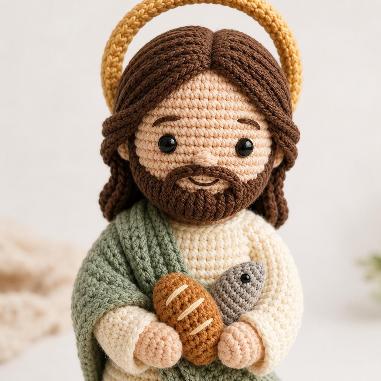 Crochet Jesus Doll, Handmade Amigurumi Catholic Plush with Bread & Fish, Christian Baptism First Communion Gift, Religious Room Altar Decor