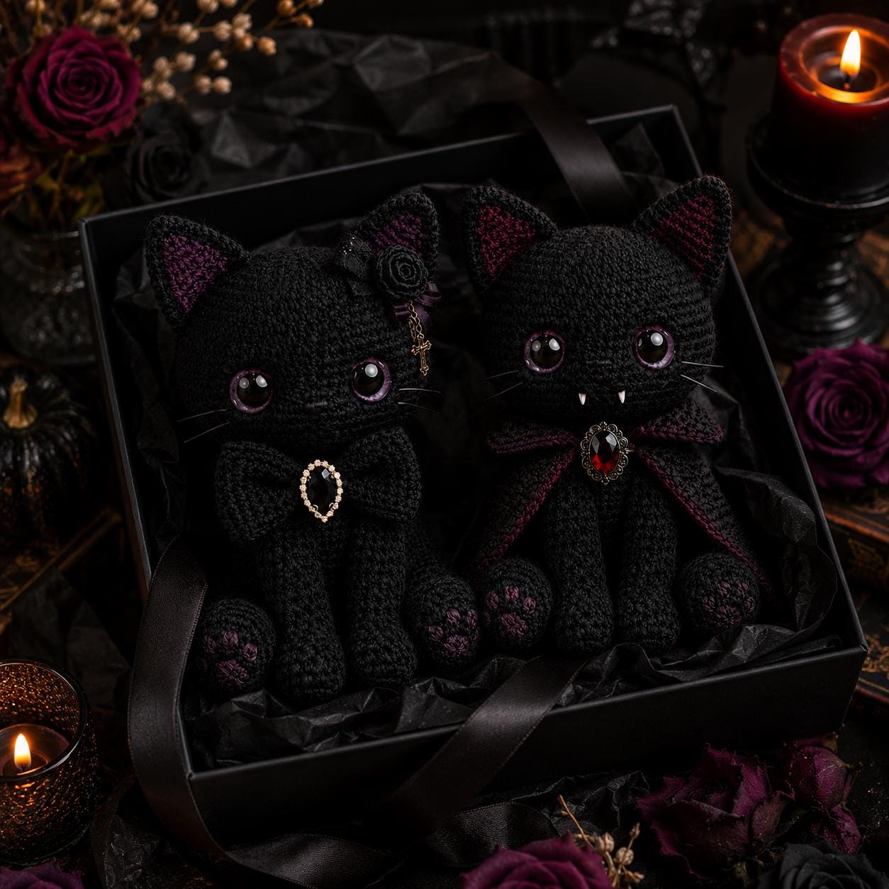 Crochet Black Cat Plush, Vampire Dracula Cat Amigurumi, Halloween Decor Spooky Cute Gothic Room Decor, Witch Familiar Creepy Kawaii Gift