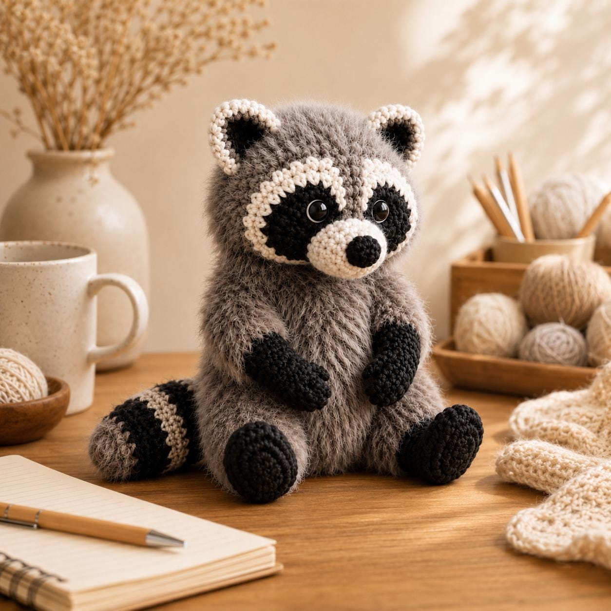 Crochet Raccoon Plush, Fuzzy Trash Panda Stuffed Animal, Cute Woodland Creature Amigurumi, Handmade Forest Animal Toy, Raccoon Lover Gift