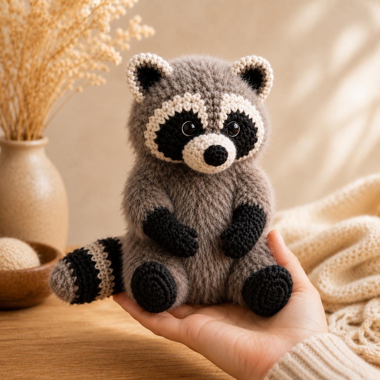 Crochet Raccoon Plush, Fuzzy Trash Panda Stuffed Animal, Cute Woodland Creature Amigurumi, Handmade Forest Animal Toy, Raccoon Lover Gift