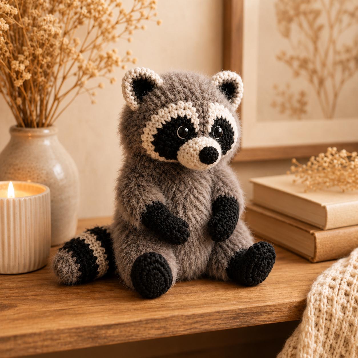 Crochet Raccoon Plush, Fuzzy Trash Panda Stuffed Animal, Cute Woodland Creature Amigurumi, Handmade Forest Animal Toy, Raccoon Lover Gift