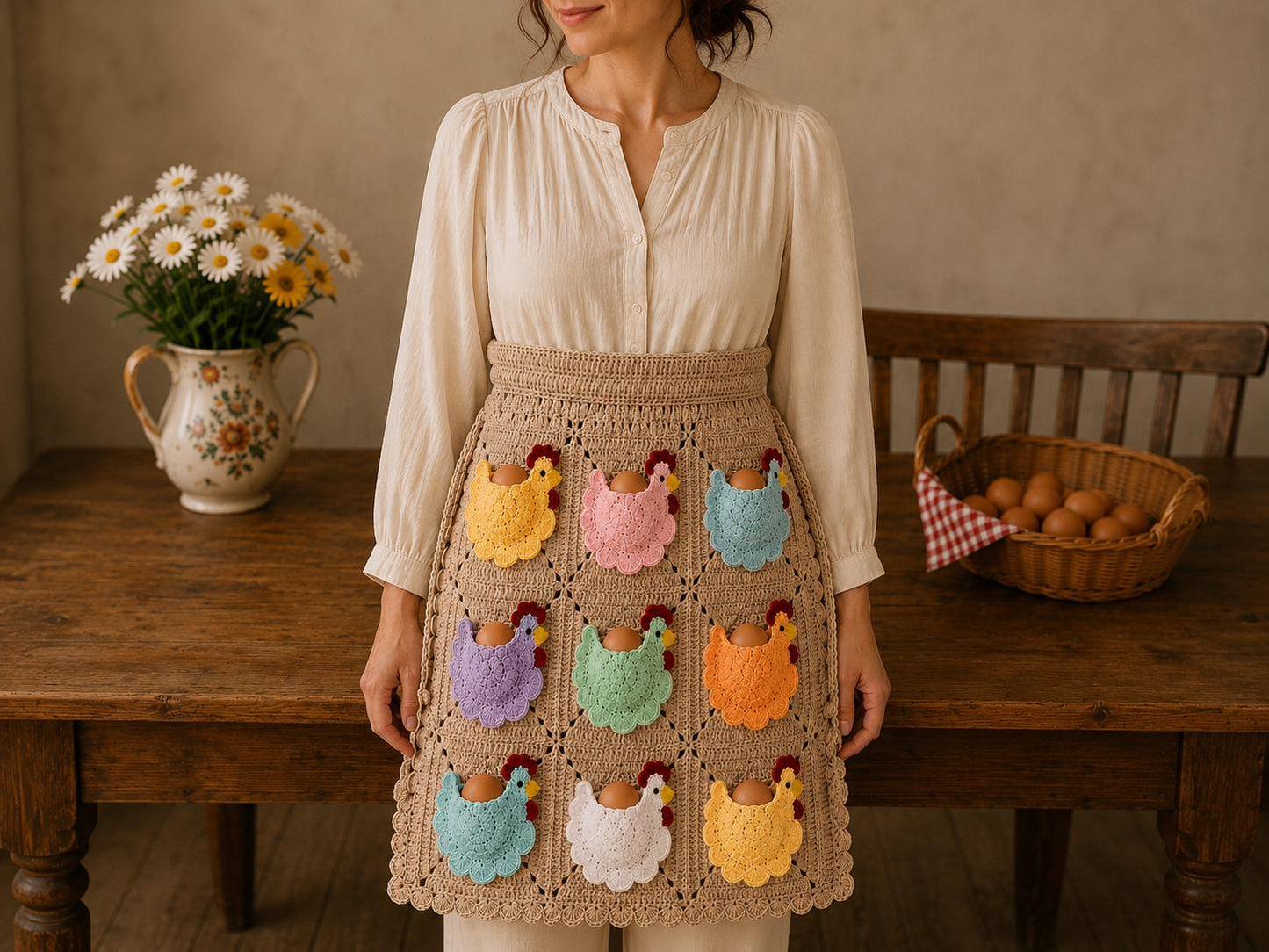 Viral Crocheted Egg Collecting Apron, Chicken Motif Pockets, Farmhouse Style Gathering Apron