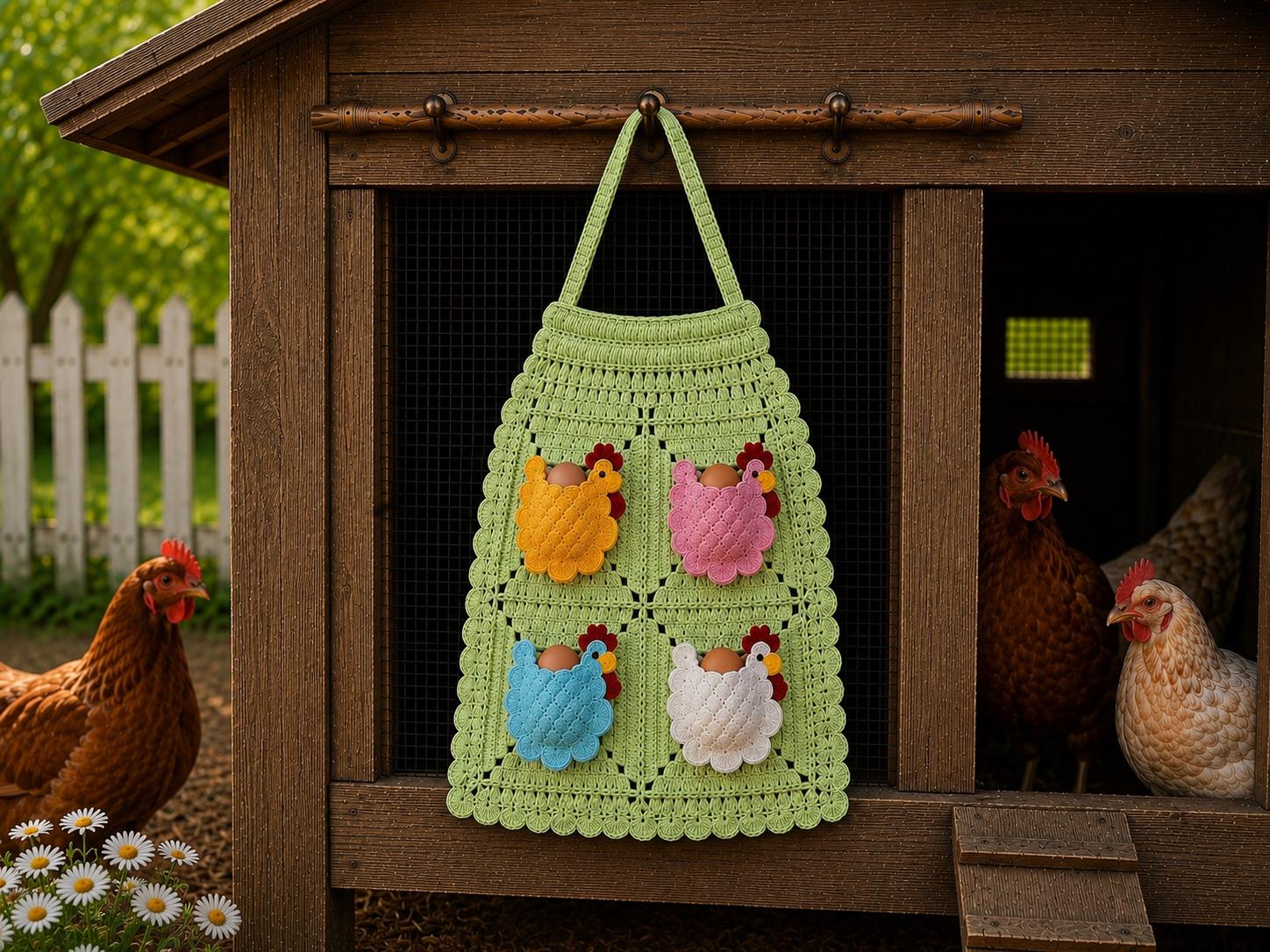Viral Kids Crocheted Chicken Egg Collecting Apron, Farmhouse Coop Pockets, Handmade Knitted Design