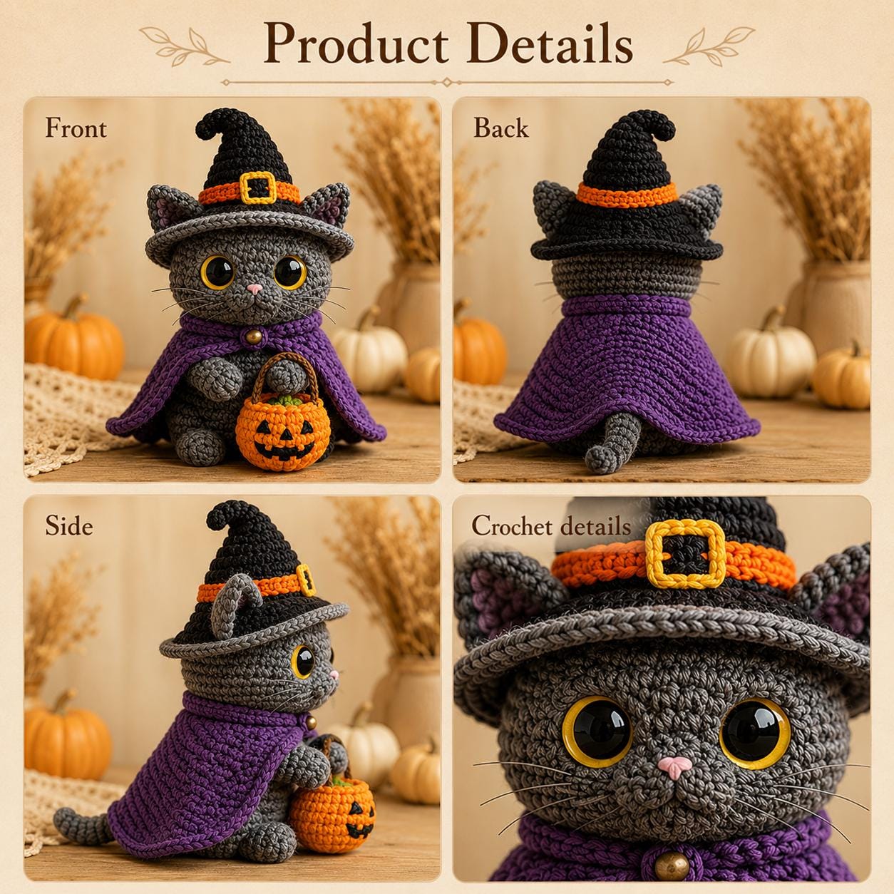 Custom Halloween Pet Portrait Crochet Plush From Photo, Personalized Dog Cat Witch Car Charm, Spooky Pumpkin Bag Clip, Pet Lover Gift