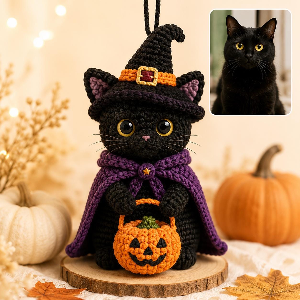 Custom Halloween Pet Portrait Crochet Plush From Photo, Personalized Dog Cat Witch Car Charm, Spooky Pumpkin Bag Clip, Pet Lover Gift