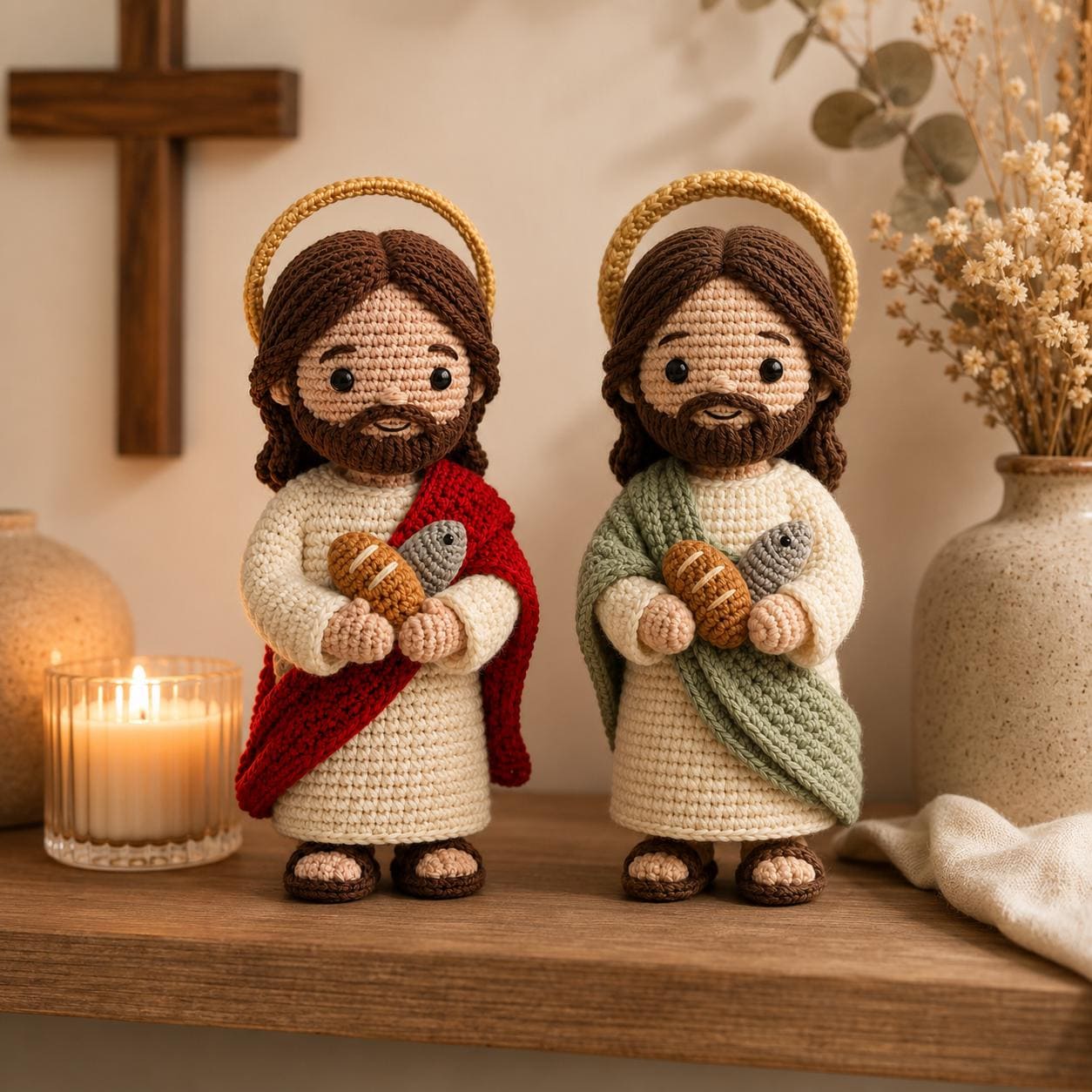 Crochet Jesus Doll, Handmade Amigurumi Catholic Plush with Bread & Fish, Christian Baptism First Communion Gift, Religious Room Altar Decor