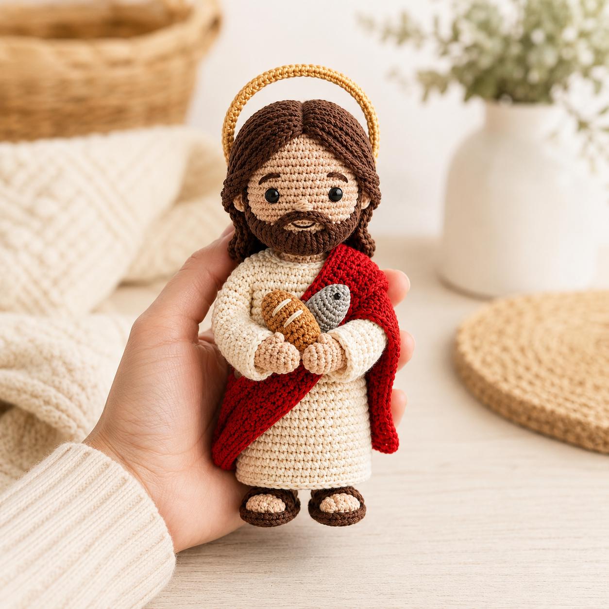 Crochet Jesus Doll, Handmade Amigurumi Catholic Plush with Bread & Fish, Christian Baptism First Communion Gift, Religious Room Altar Decor