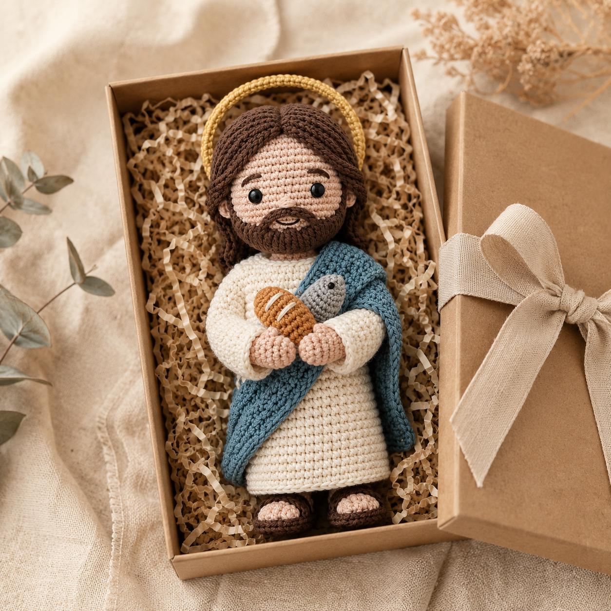 Crochet Jesus Doll, Handmade Amigurumi Catholic Plush with Bread & Fish, Christian Baptism First Communion Gift, Religious Room Altar Decor