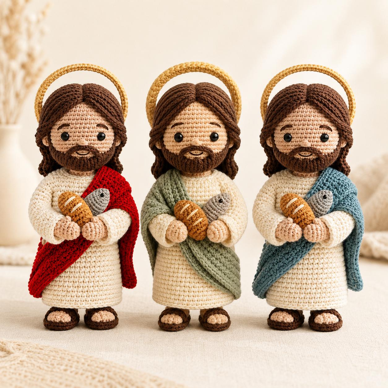 Crochet Jesus Doll, Handmade Amigurumi Catholic Plush with Bread & Fish, Christian Baptism First Communion Gift, Religious Room Altar Decor