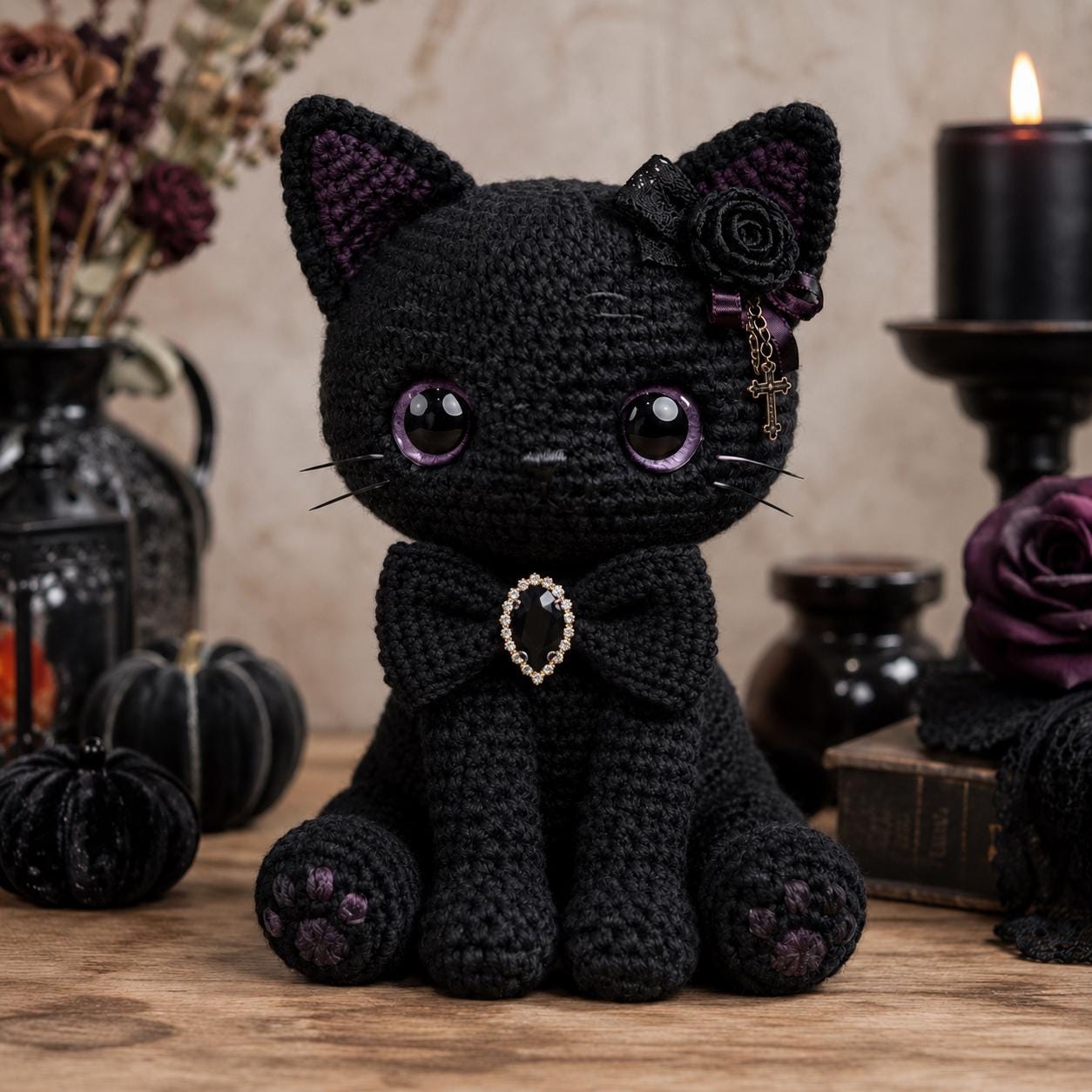 Crochet Black Cat Plush, Vampire Dracula Cat Amigurumi, Halloween Decor Spooky Cute Gothic Room Decor, Witch Familiar Creepy Kawaii Gift