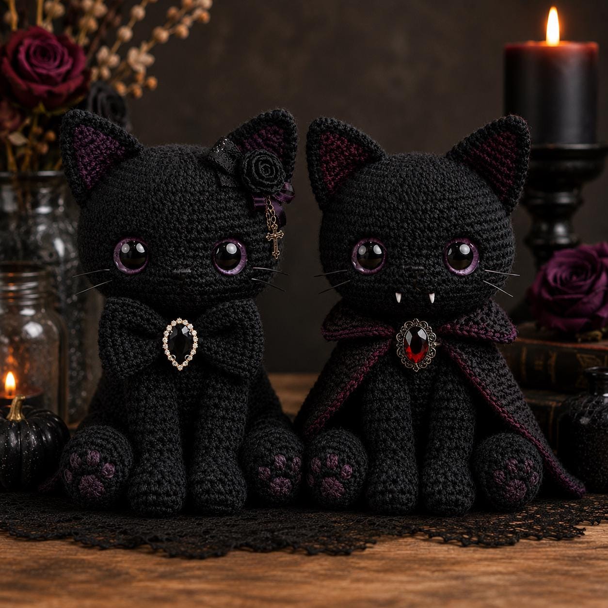 Crochet Black Cat Plush, Vampire Dracula Cat Amigurumi, Halloween Decor Spooky Cute Gothic Room Decor, Witch Familiar Creepy Kawaii Gift