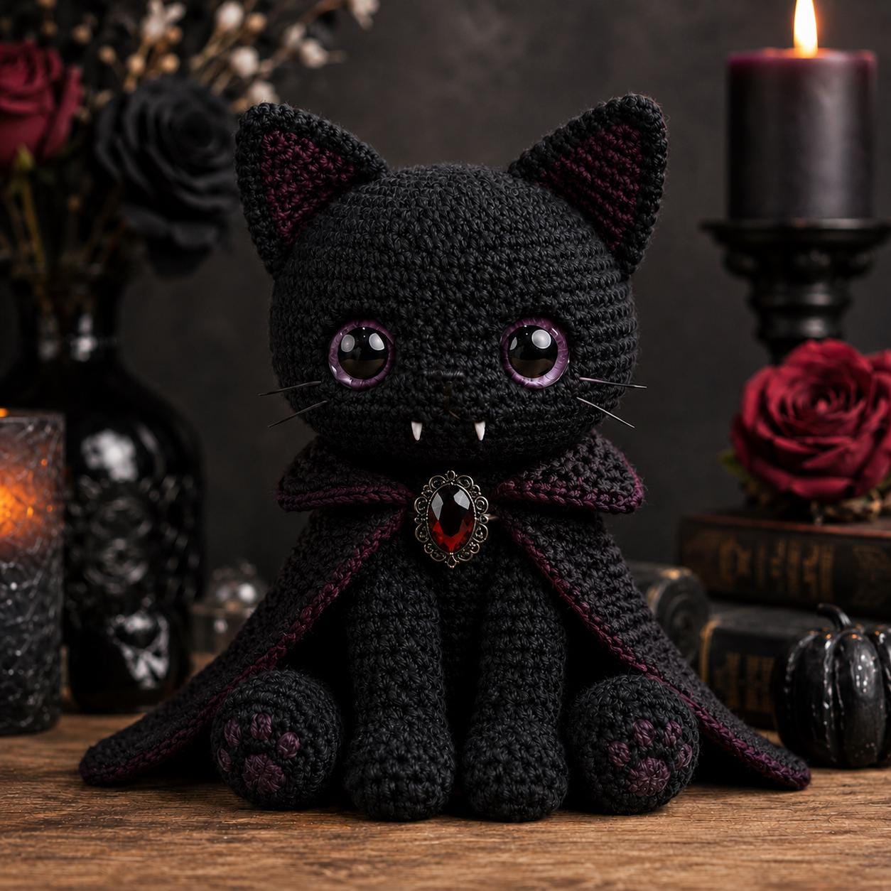 Crochet Black Cat Plush, Vampire Dracula Cat Amigurumi, Halloween Decor Spooky Cute Gothic Room Decor, Witch Familiar Creepy Kawaii Gift