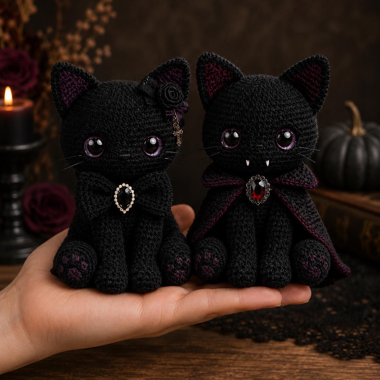 Crochet Black Cat Plush, Vampire Dracula Cat Amigurumi, Halloween Decor Spooky Cute Gothic Room Decor, Witch Familiar Creepy Kawaii Gift