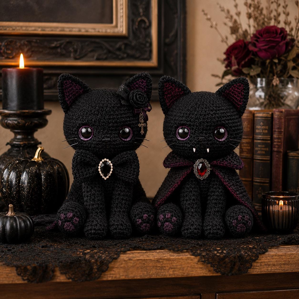Crochet Black Cat Plush, Vampire Dracula Cat Amigurumi, Halloween Decor Spooky Cute Gothic Room Decor, Witch Familiar Creepy Kawaii Gift