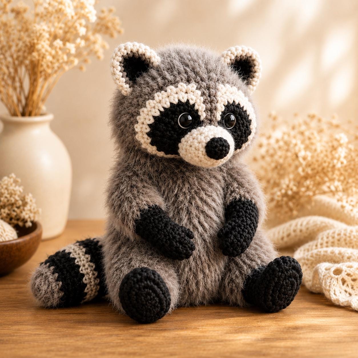 Crochet Raccoon Plush, Fuzzy Trash Panda Stuffed Animal, Cute Woodland Creature Amigurumi, Handmade Forest Animal Toy, Raccoon Lover Gift