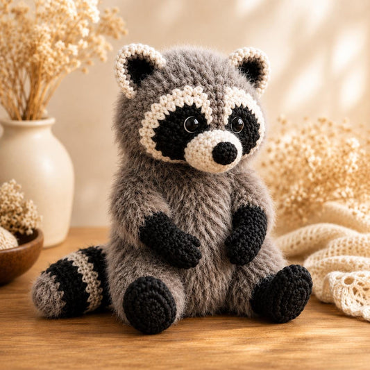 Crochet Raccoon Plush, Fuzzy Trash Panda Stuffed Animal, Cute Woodland Creature Amigurumi, Handmade Forest Animal Toy, Raccoon Lover Gift